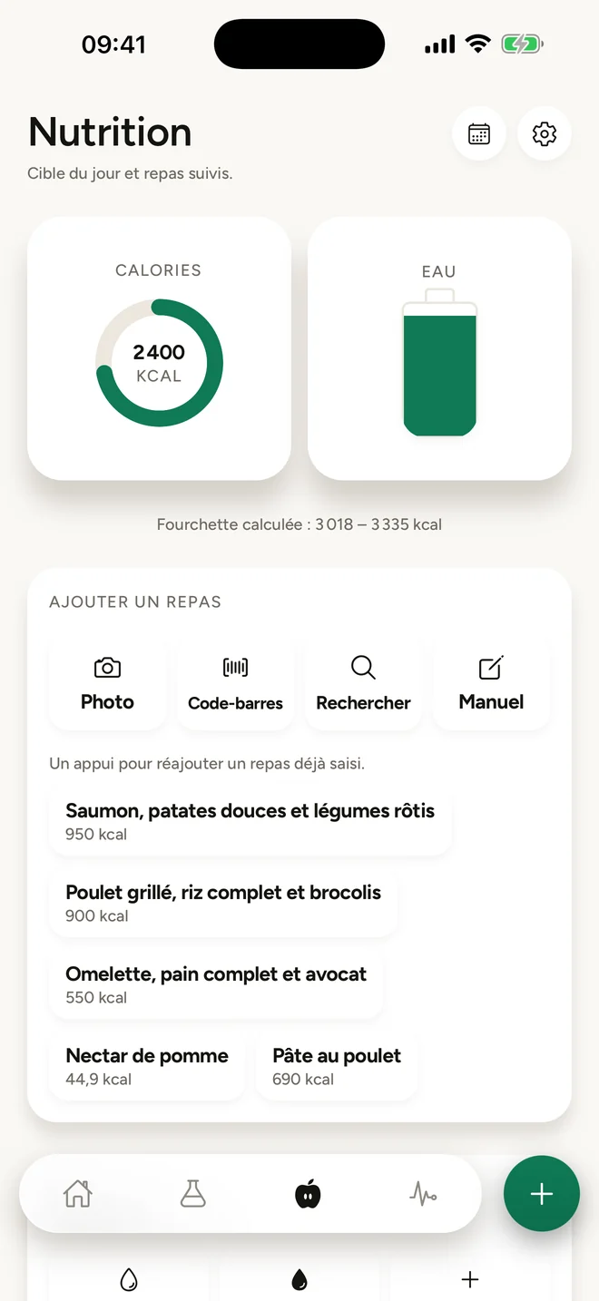 Écran Nutrition de Kynox : cible calorique du jour, eau et repas enregistrés